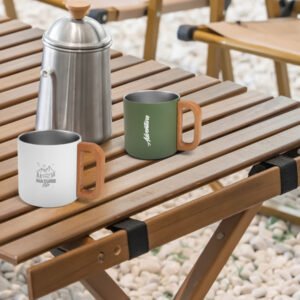 Tasses de camping en acier recyclé avec anse en bois