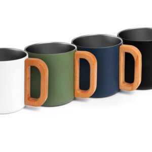 Échantillon de tasse de camping en acier recyclé avec anse en bois