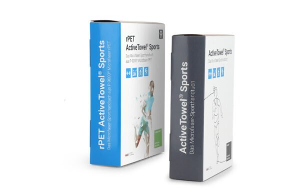 Serviettes de sport en microfibre rPET ActiveTowel® Sports dans une boîte pliante