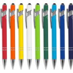 Échantillon de stylo à bille en aluminium recyclé avec Soft Touch, pointe stylet et détails chromés