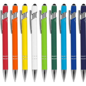 Échantillon de stylo à bille en aluminium recyclé avec Soft Touch, pointe stylet et détails chromés