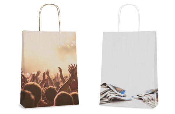 Sacs en papier basiques avec cordon en papier, surface entièrement imprimable