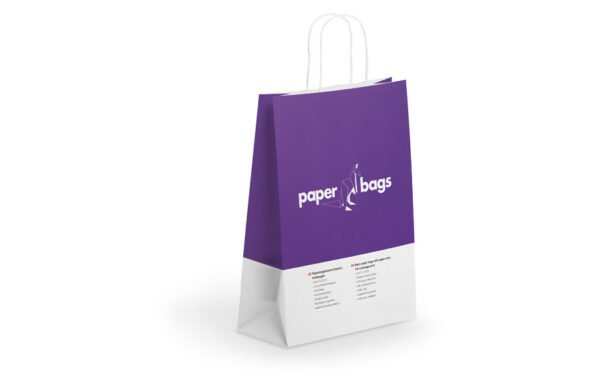 Échantillon de sac en papier basique avec poignées torsadées, imprimable sur toute la surface