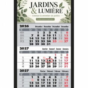 Calendrier 3 mois à en-tête personnalisé, bloc gris, avec un exemple d'en-tête