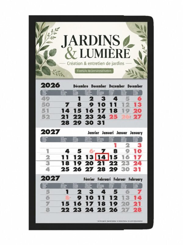 Calendrier 3 mois à en-tête personnalisé, bloc gris, avec un exemple d'en-tête