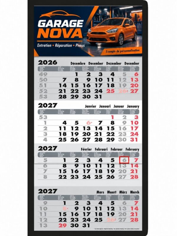 Calendrier 4 mois à en-tête personnalisé, avec un exemple d'en-tête