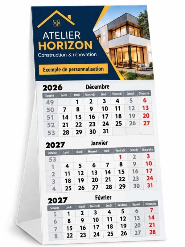 Calendrier de bureau 3 mois, avec un exemple de publicité