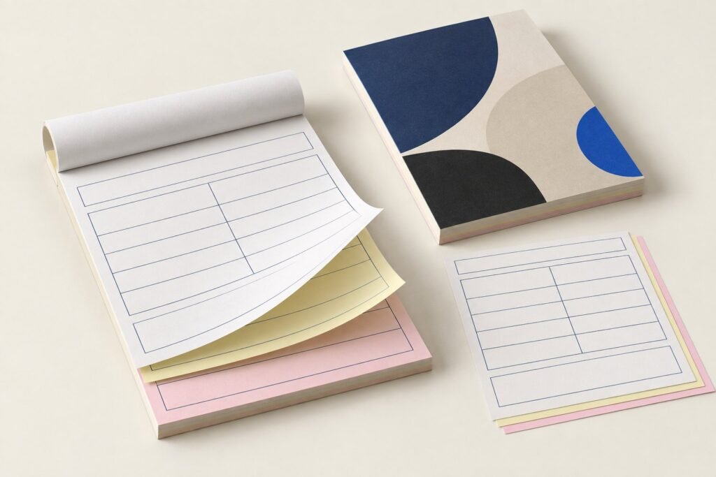 Un carnet de bons autocopiants ouvert sur ses feuillets blanc, jaune et rose, un bloc fermé et une liasse détachée, sur un fond clair