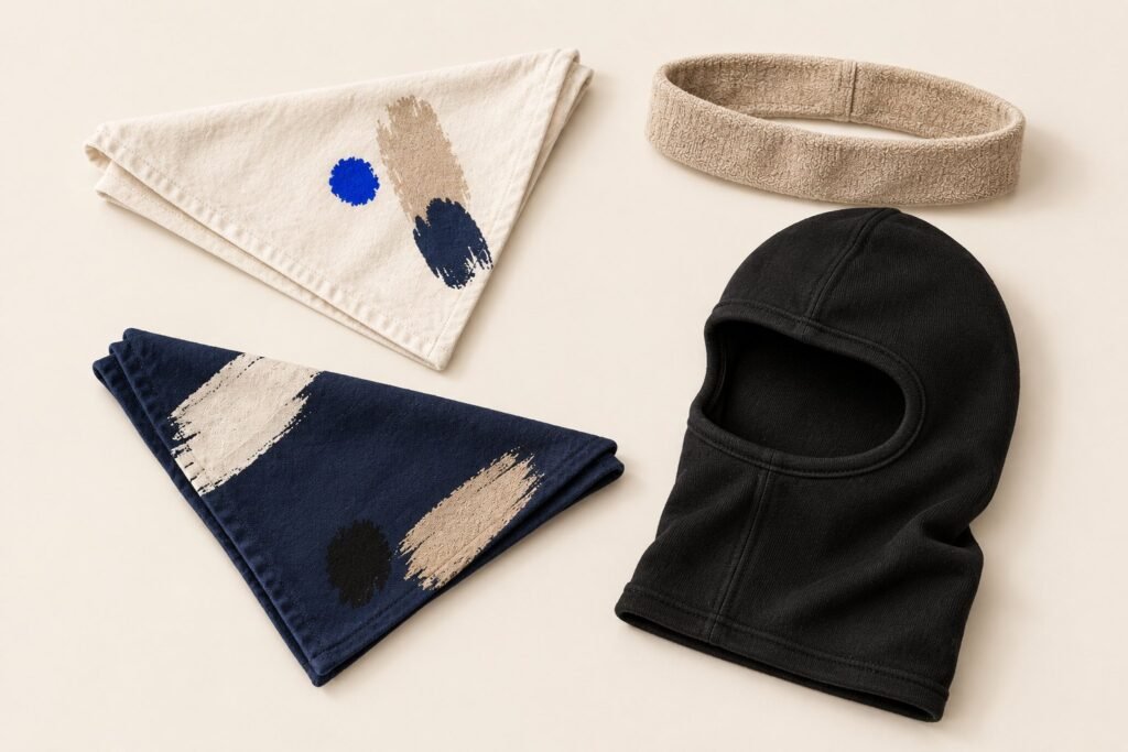 Deux bandanas pliés en triangle, un bandeau de sport et une cagoule noire, sur un fond clair