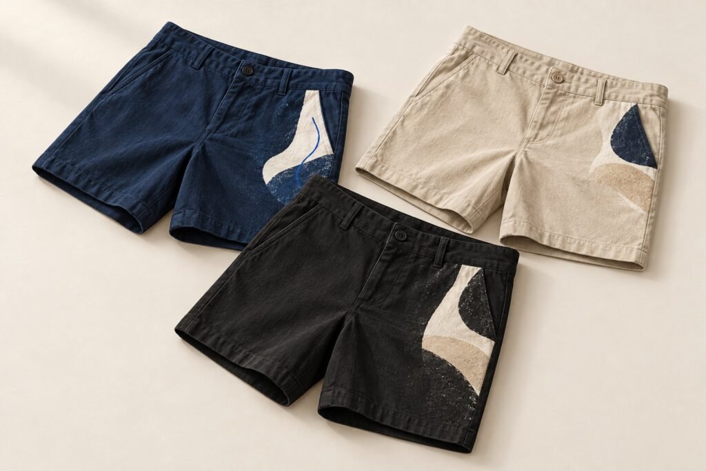 Trois shorts pliés, bleu marine, sable et noir, avec un petit marquage abstrait, sur un fond clair