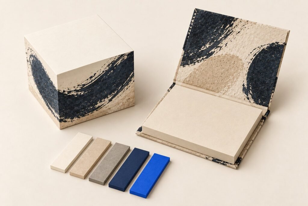 Un cube de notes adhésives, un bloc-notes à couverture ouvert et une rangée de marque-pages adhésifs, sur un fond clair