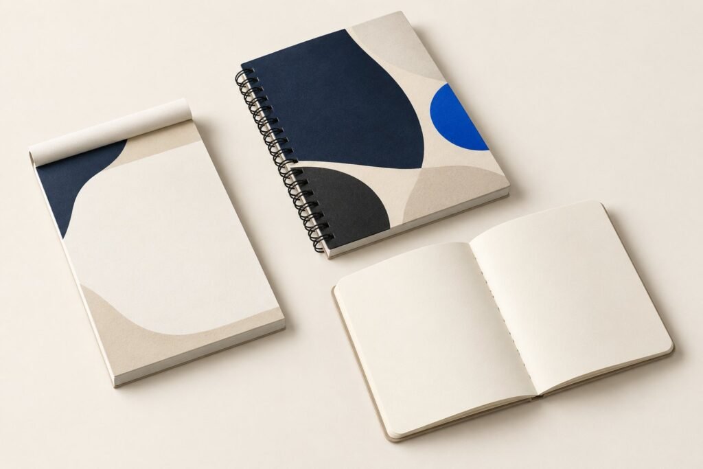Un bloc-notes, un carnet à spirale et un carnet ouvert aux pages blanches, sur un fond clair