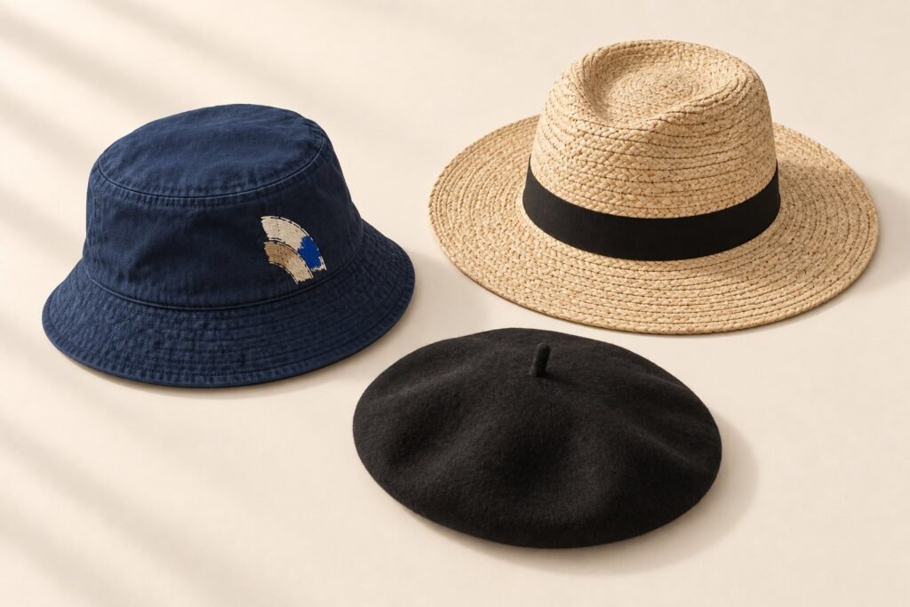 Un bob bleu marine à petit écusson abstrait, un chapeau de paille et un béret noir, sur un fond clair