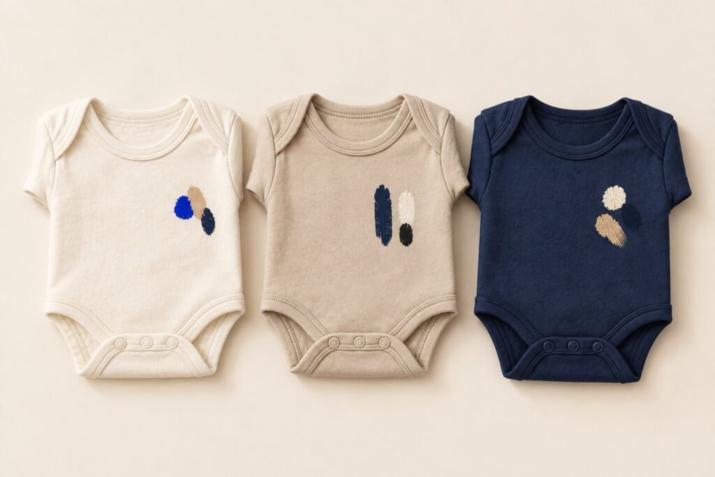 Trois bodys pour bébé, blanc cassé, sable et bleu marine, avec un petit motif brodé, sur un fond clair