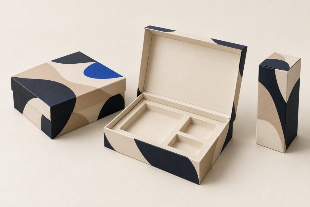 Une boîte à couvercle, un coffret ouvert avec son calage et un étui fermé, sur un fond clair