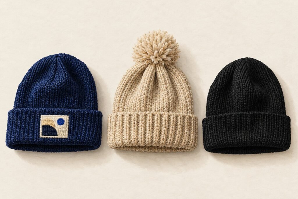 Trois bonnets en maille, bleu marine, sable et noir, l'un à revers avec un écusson abstrait, un autre à pompon, sur un fond clair