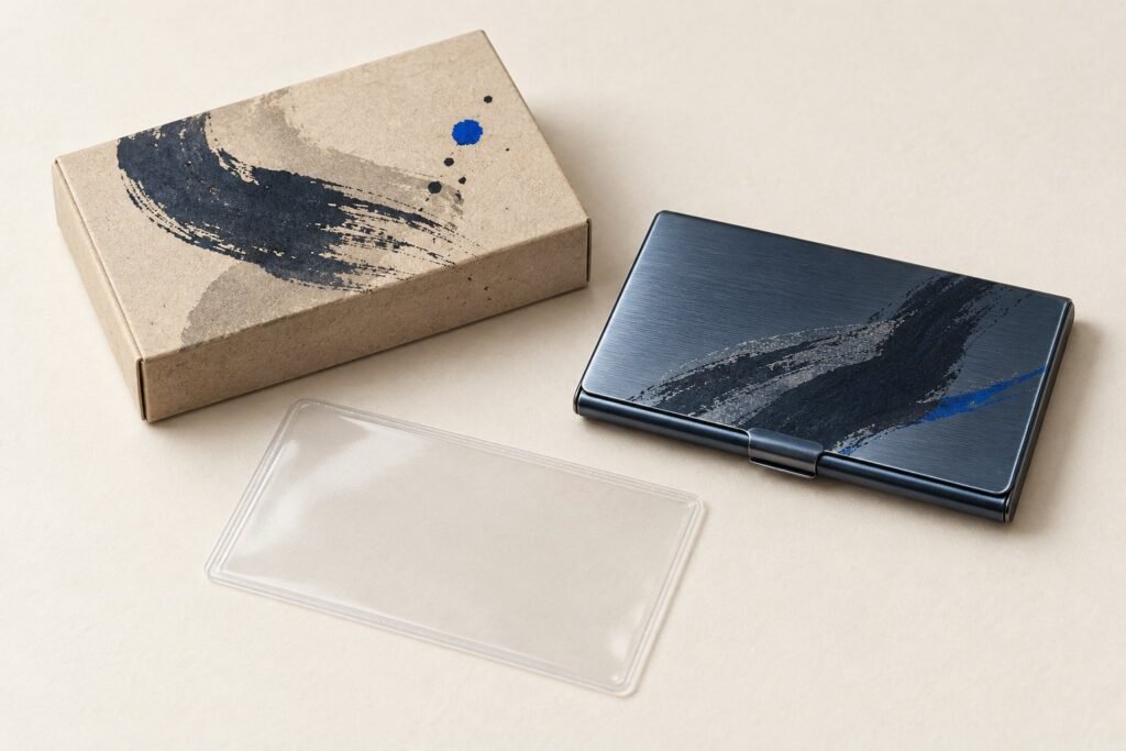 Une boîte à cartes de visite en carton, un étui à cartes en métal et une pochette transparente, sur un fond clair