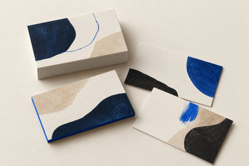 Une pile de cartes de visite et trois cartes posées à côté, dont une épaisse à tranche bleue, sur un fond clair