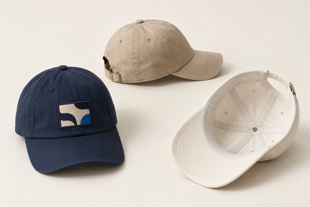Trois casquettes, l'une avec un écusson brodé, une de profil et une retournée, sur un fond clair