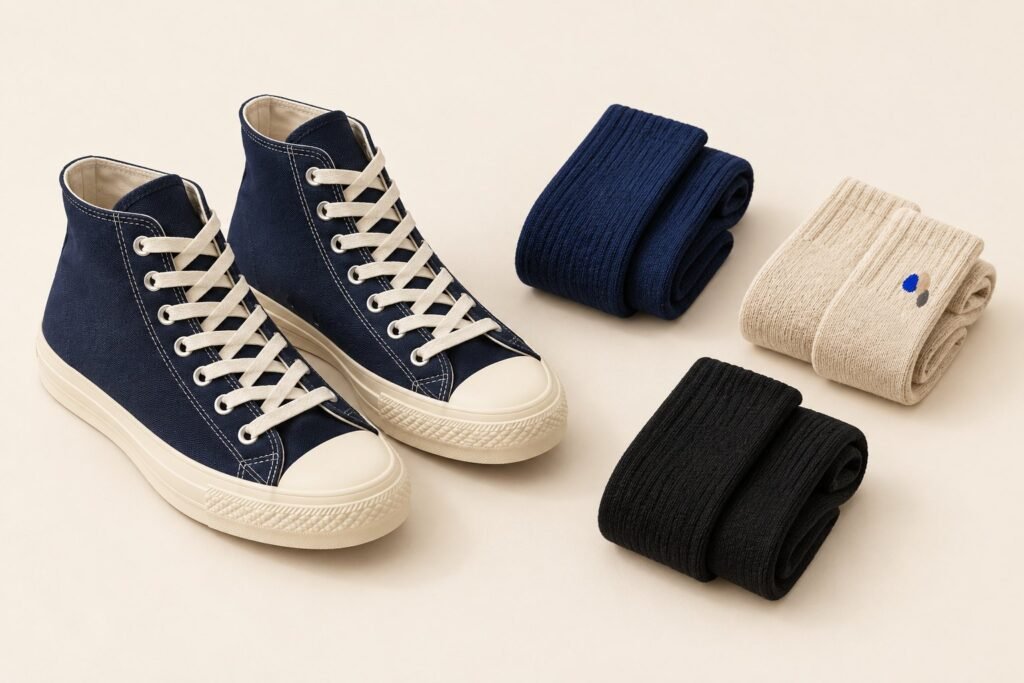 Une paire de chaussures montantes en toile bleu marine et trois paires de chaussettes roulées, sur un fond clair