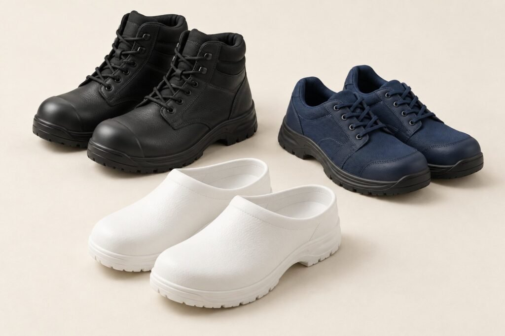 Une paire de chaussures de sécurité montantes noires, une paire basse bleu marine et une paire de sabots blancs, sur un fond clair
