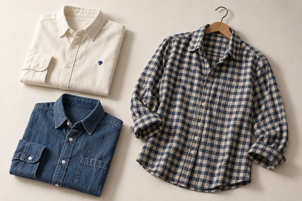 Une chemise blanc cassé et une chemise en jean pliées, et une chemise à carreaux sur un cintre, avec un petit motif brodé, sur un fond clair