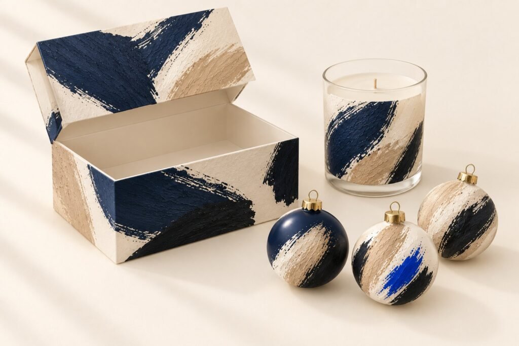Un coffret cadeau ouvert, une bougie dans un verre et trois boules de Noël, peints de formes abstraites, sur un fond clair