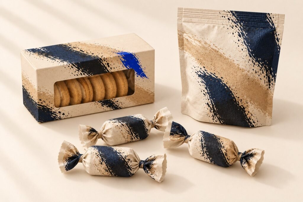 Une boîte de biscuits à fenêtre, un sachet fermé et trois bonbons emballés, peints de formes abstraites, sur un fond clair