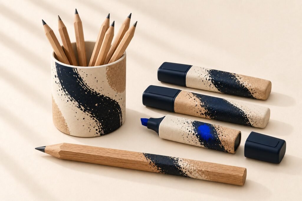 Un pot de crayons à papier, trois surligneurs et un crayon de charpentier, peints de formes abstraites, sur un fond clair