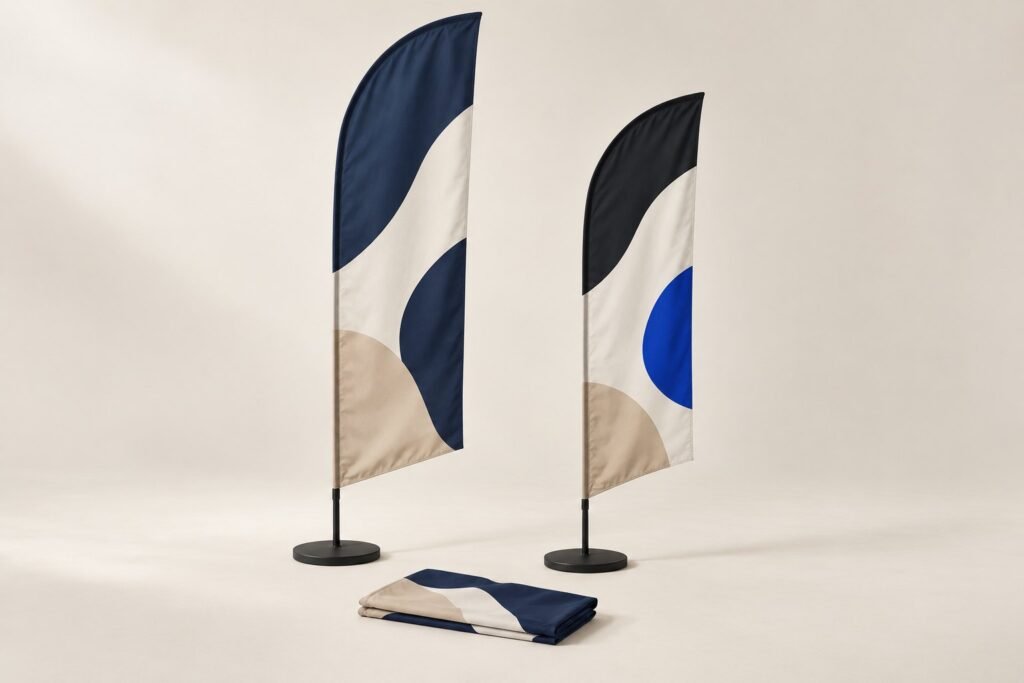 Deux beach flags dressés sur leur pied et un drapeau plié, sur un fond clair