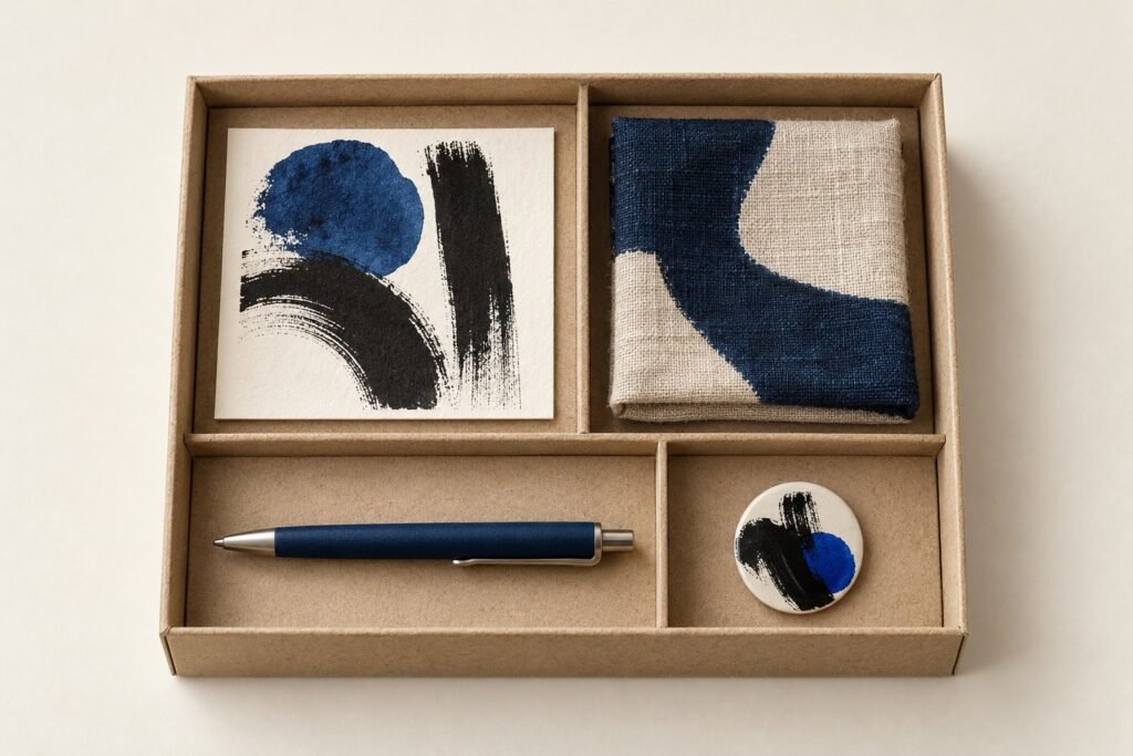 Un coffret en carton à compartiments garni d'une carte imprimée, d'un carré de tissu, d'un stylo et d'un badge, sur un fond clair