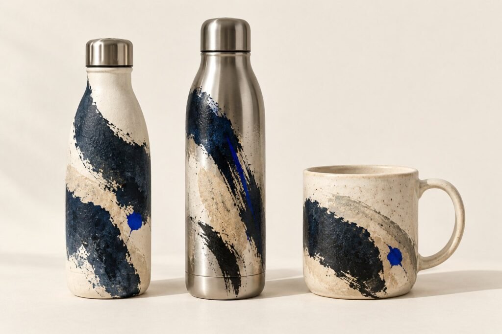 Une gourde, une bouteille isotherme en acier et un mug, peints de formes abstraites, sur un fond clair