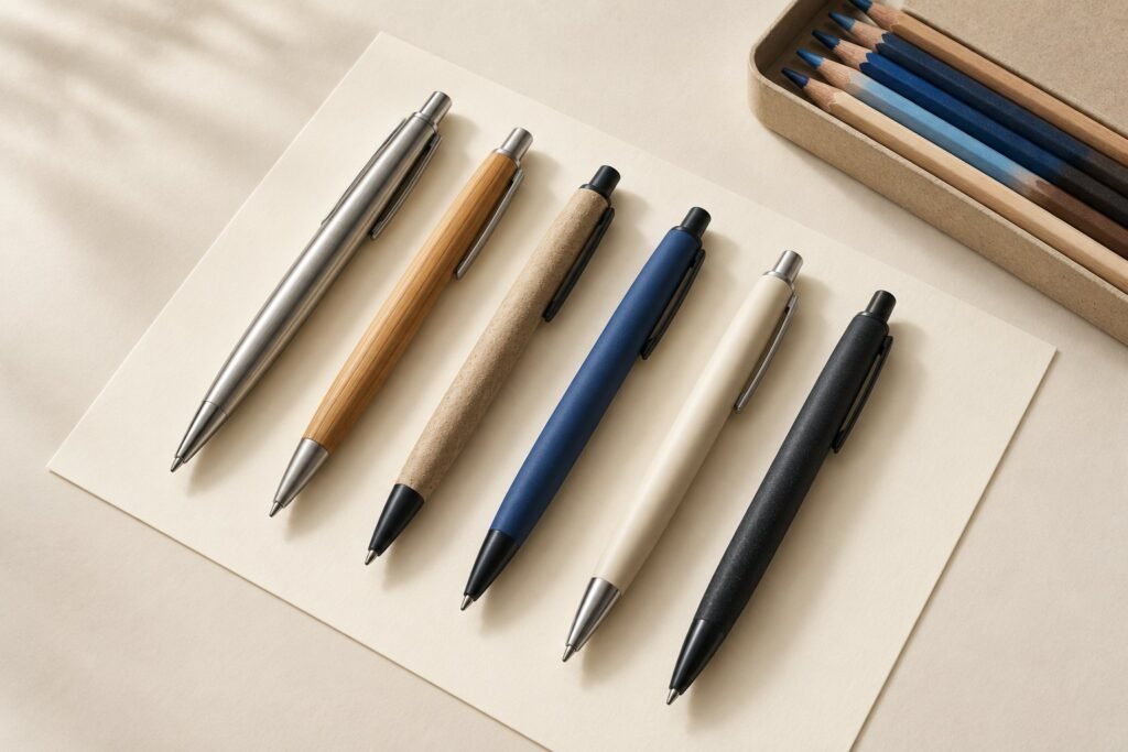 Six stylos à bille en métal, en bambou, en papier et en couleurs, alignés sur une carte, et une boîte de crayons de couleur, sur un fond clair