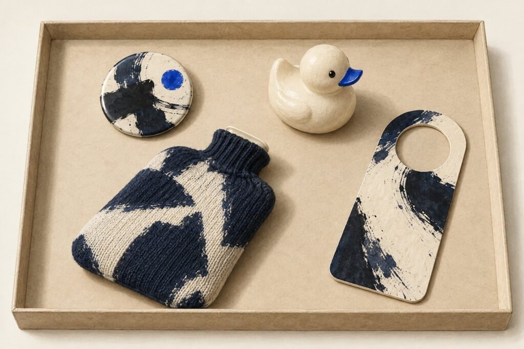 Un plateau en carton avec un badge, un canard en plastique, une bouillotte dans sa housse tricotée et un accroche-porte, sur un fond clair