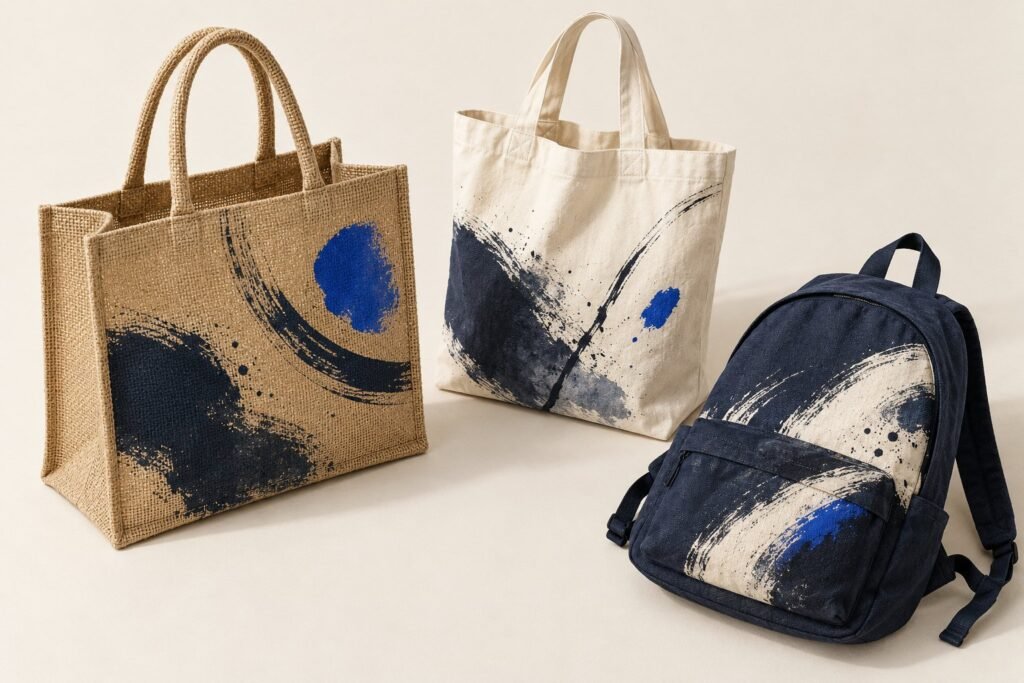 Un sac cabas en jute, un sac en coton écru et un petit sac à dos bleu marine, peints de formes abstraites, sur un fond clair