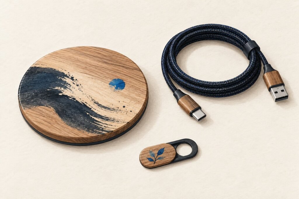 Un chargeur sans fil en bois, un câble de chargement tressé enroulé et un cache webcam, sur un fond clair