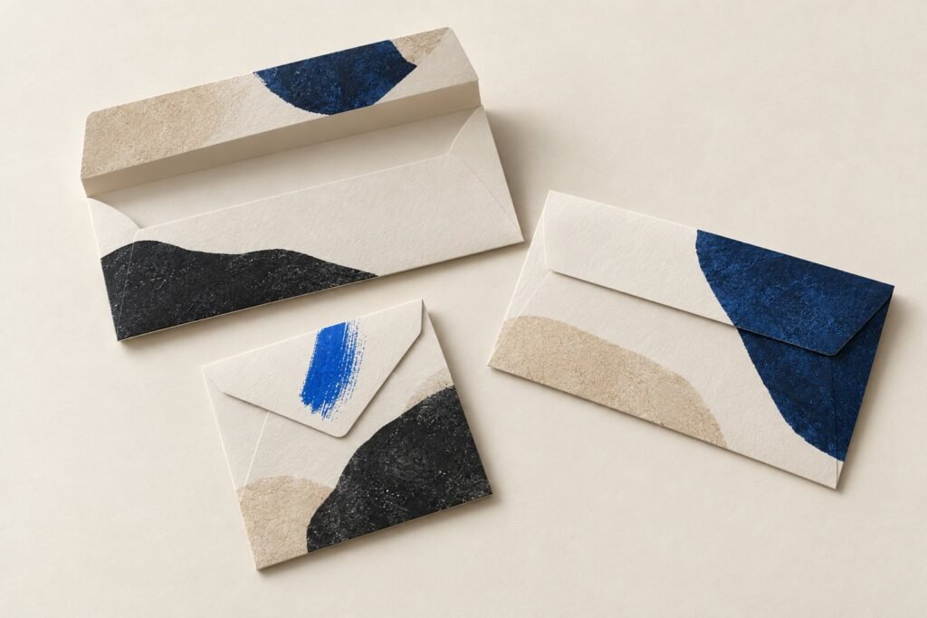 Trois enveloppes de formats différents, dont une ouverte, peintes de formes abstraites, sur un fond clair