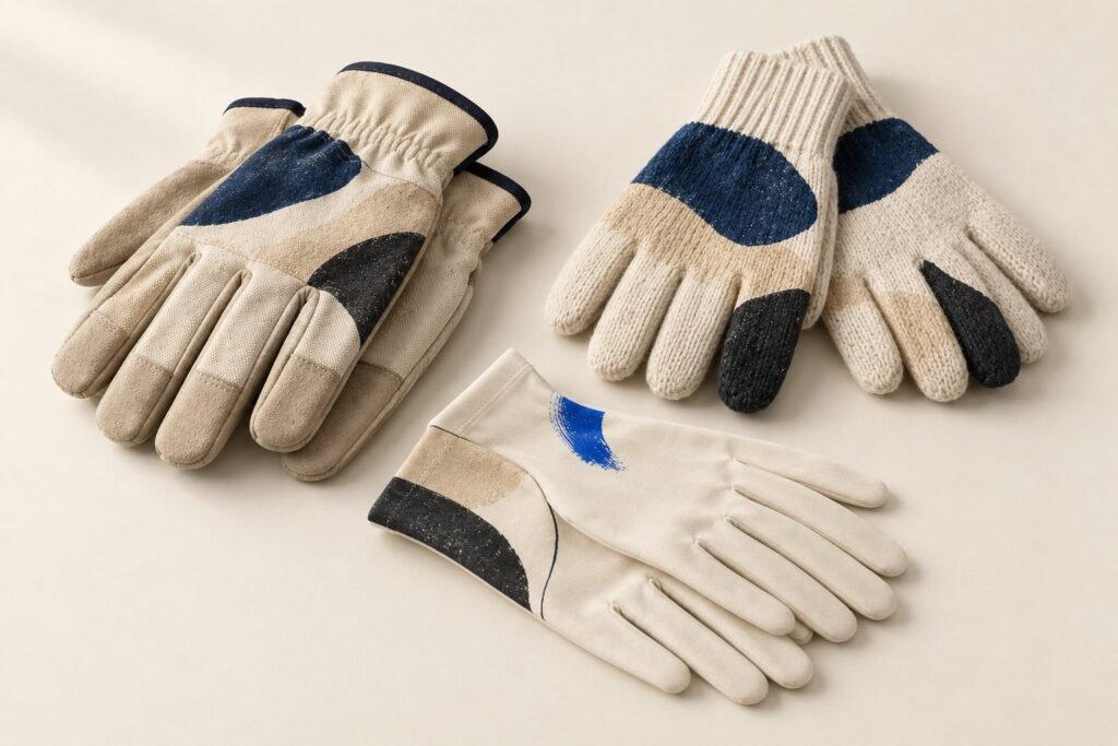 Une paire de gants de travail, une paire de gants en maille et une paire de gants fins, avec un marquage abstrait, sur un fond clair