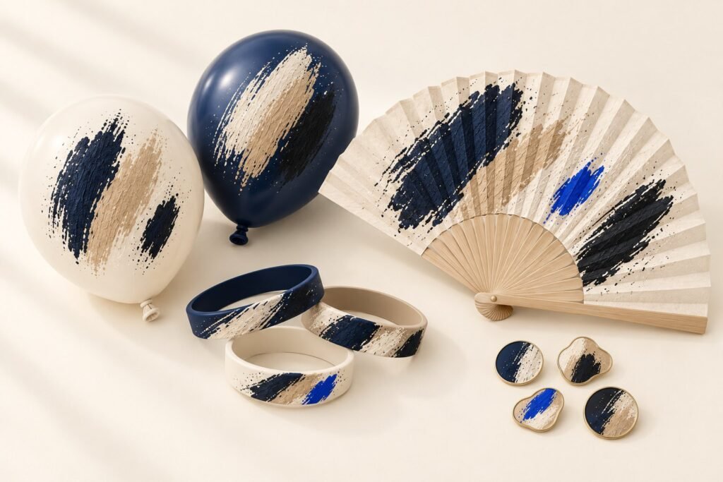 Deux ballons de baudruche, des bracelets en silicone, un éventail et quatre pin's, peints de formes abstraites, sur un fond clair