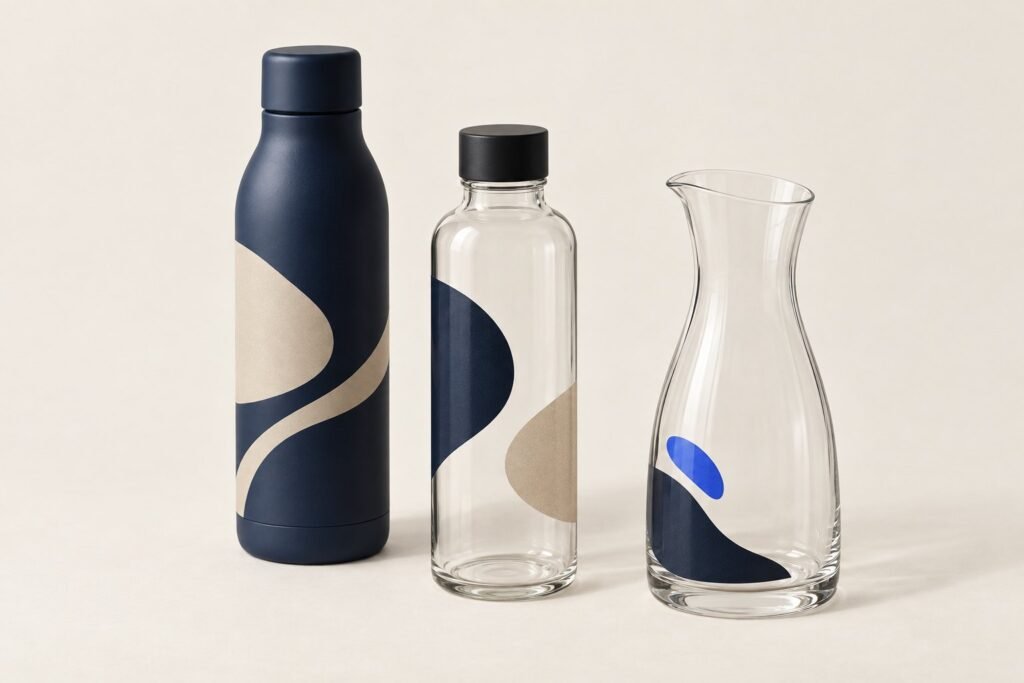 Une gourde bleu marine, une bouteille et une carafe en verre, marquées de formes abstraites, sur un fond clair
