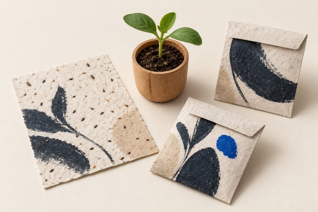 Une carte en papier ensemencé, un pot en bois avec une jeune pousse et deux sachets de graines, sur un fond clair
