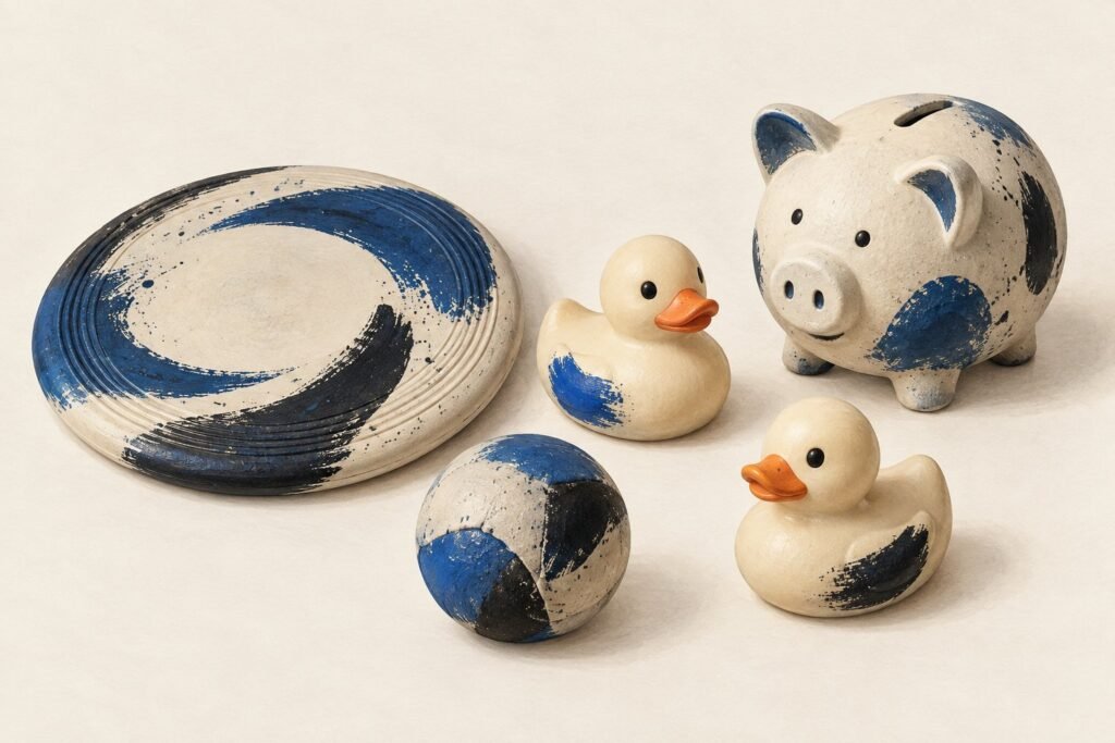Un frisbee, deux canards en plastique, une balle et une tirelire, peints de formes abstraites, sur un fond clair