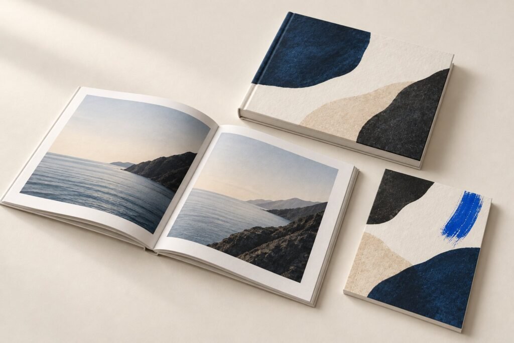 Un livre photo ouvert sur deux pages de paysage, un livre relié et un livre à couverture souple, sur un fond clair