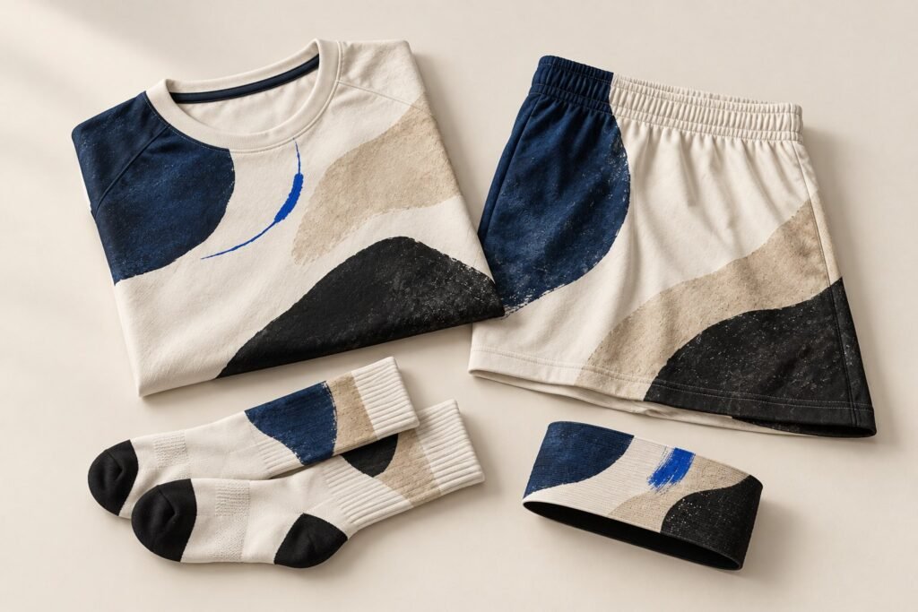 Un maillot, un short, une paire de chaussettes de sport et un bandeau, peints de formes abstraites, sur un fond clair