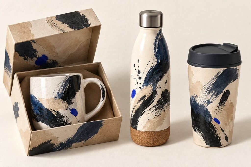 Un mug dans sa boîte cadeau, une bouteille isotherme à fond en liège et un gobelet réutilisable avec son couvercle, sur un fond clair