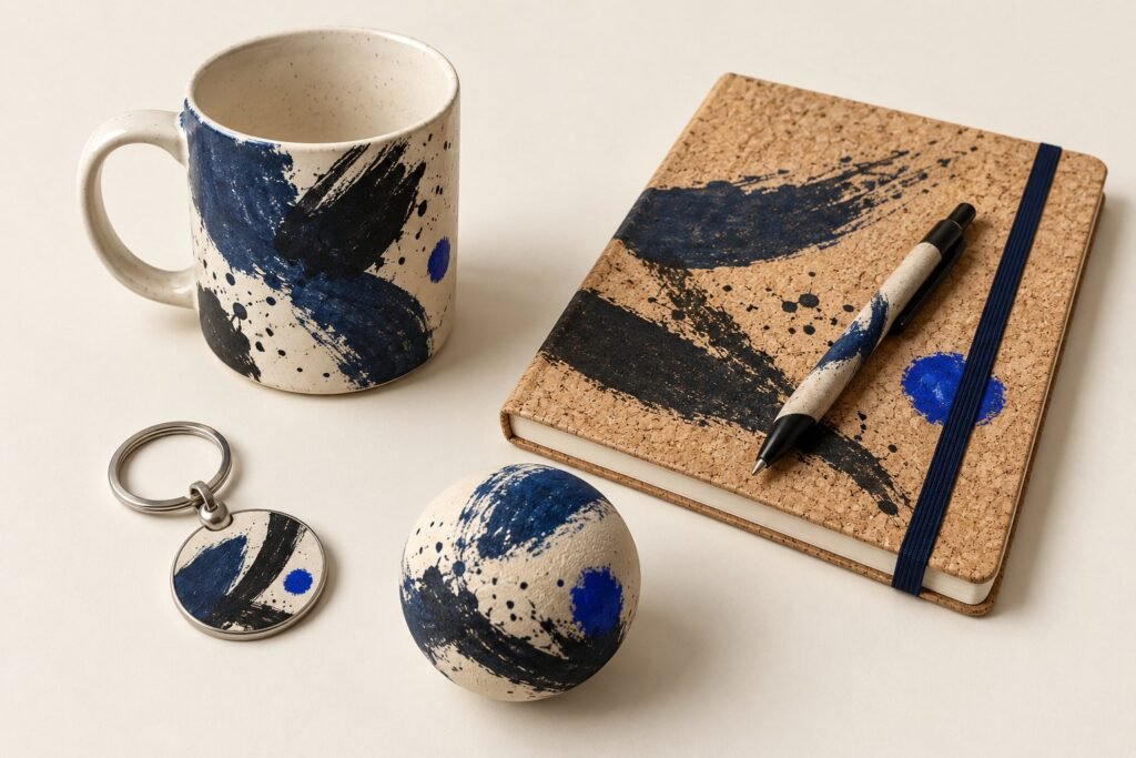Un mug, un calepin en liège avec son stylo, un porte-clés et une balle, peints de formes abstraites, sur un fond clair