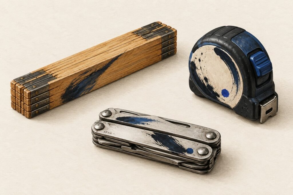 Un mètre pliant en bois replié, un mètre ruban fermé et un outil multifonction replié, sur un fond clair