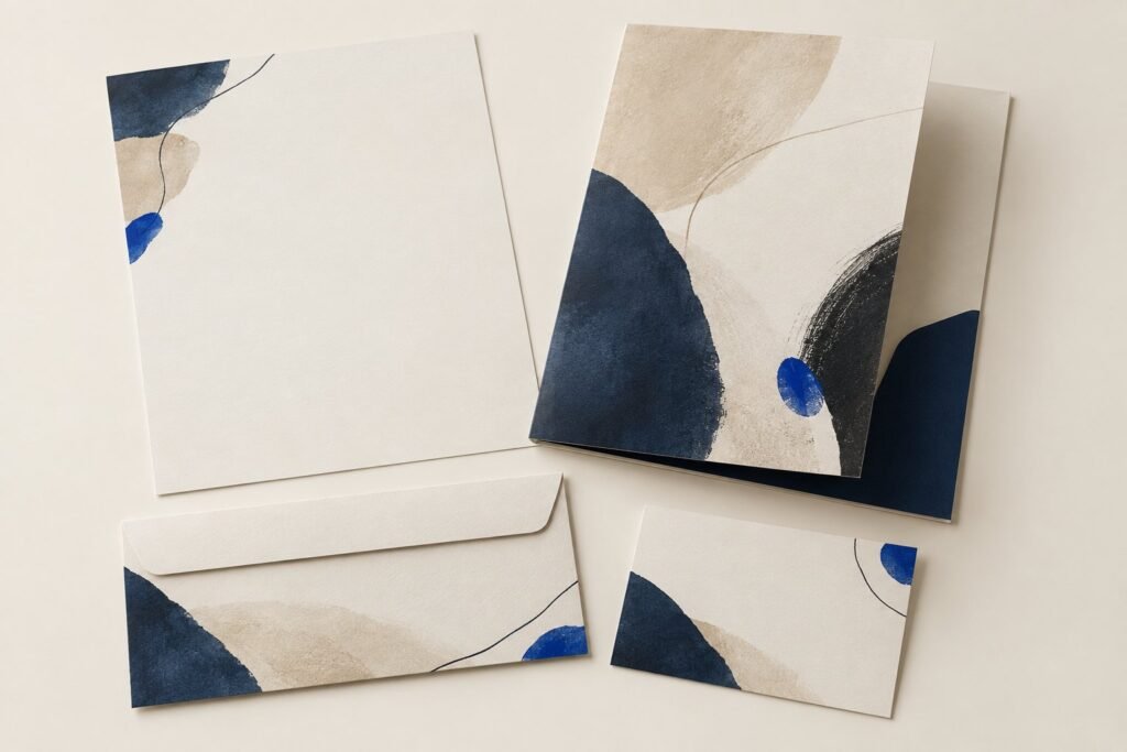 Papier à lettres, chemise, enveloppe et petite carte aux mêmes couleurs, sur un fond clair