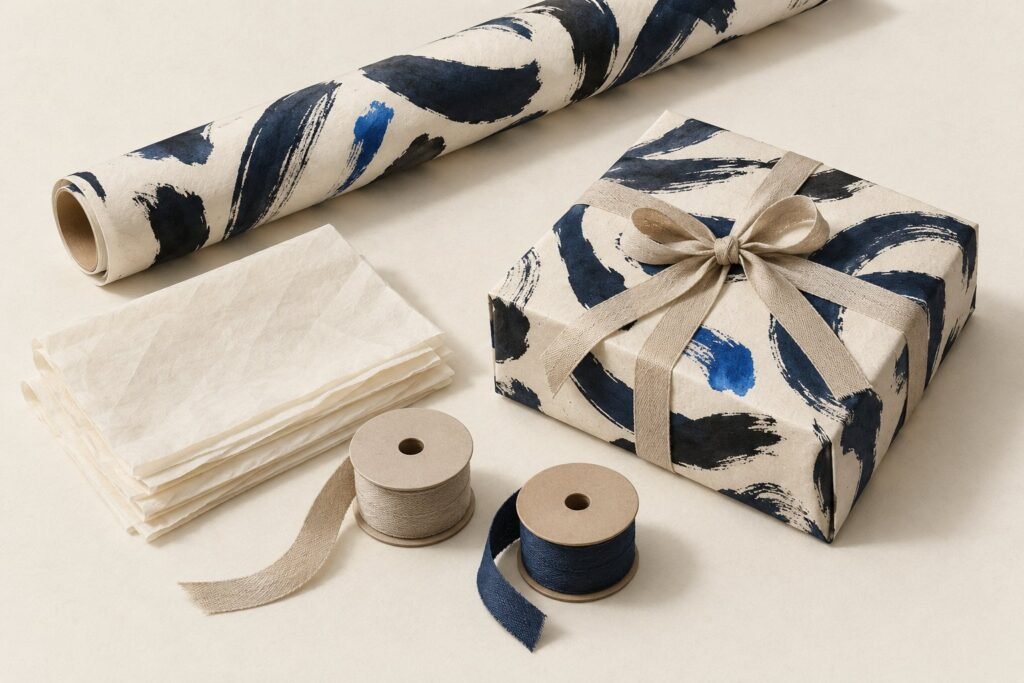Un rouleau de papier cadeau, du papier de soie plié, deux bobines de ruban et un paquet cadeau fermé, sur un fond clair