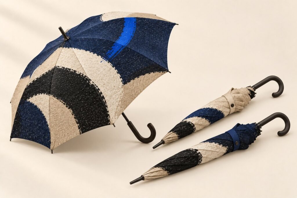 Un parapluie ouvert posé sur le côté et deux parapluies fermés, la toile peinte de formes abstraites, sur un fond clair